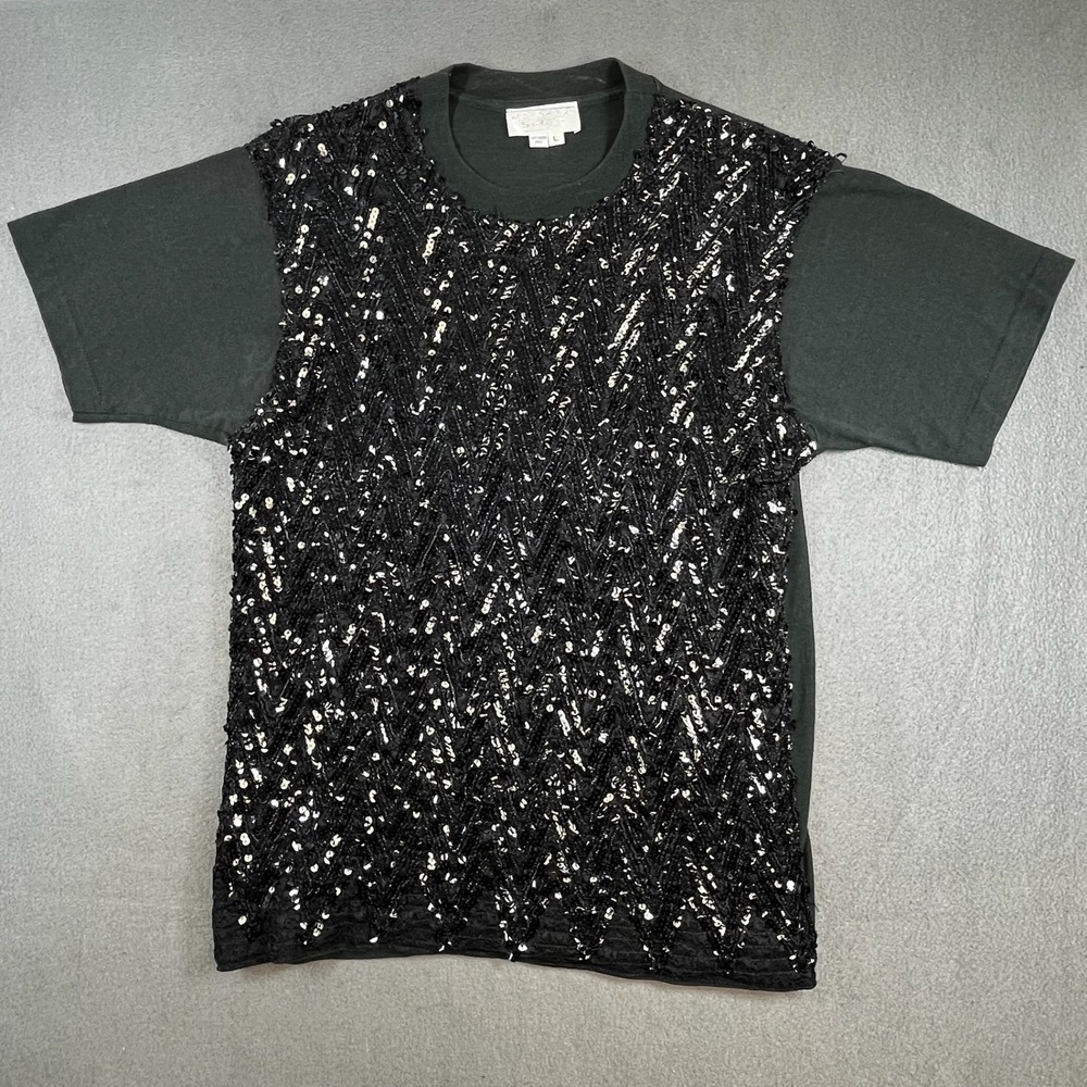 Vintage Delaware Street Women Sequin Party Top Black Short Sleeve Made USA L